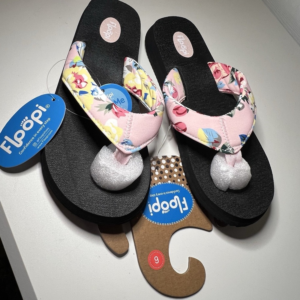 Floopi sz 6 Pink Floral‎ Classic Summer Flip Flop w/ Non Slip Soles